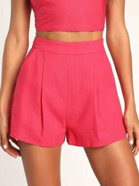 Lulu's Perfectly Posted Bright Pink Linen High-Waisted Shorts Women’s Size XL